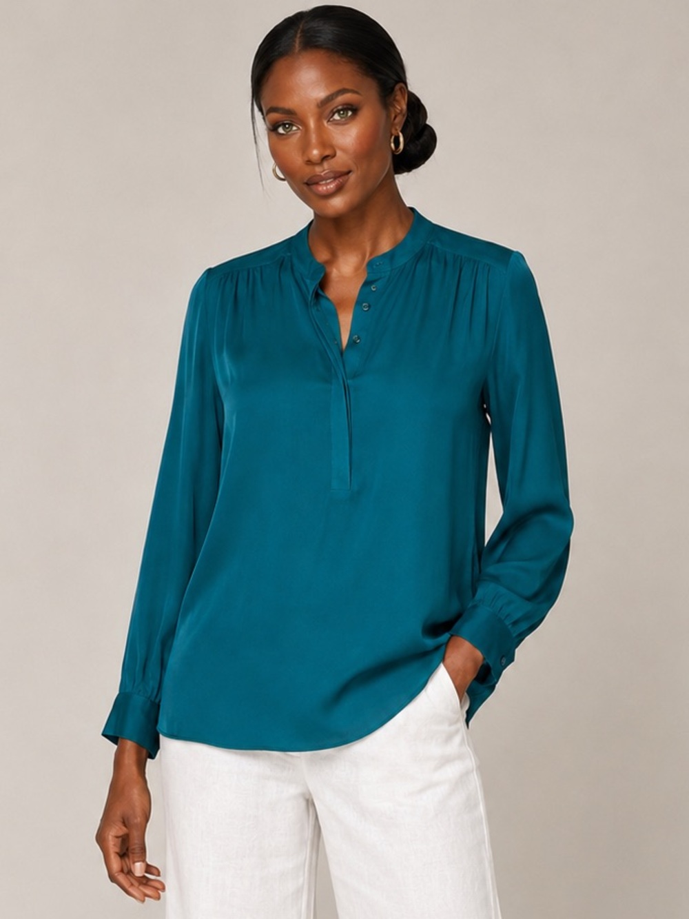 Amanda Uprichard Silk Teal Blouse Split Neck Long Sleeve Top Medium